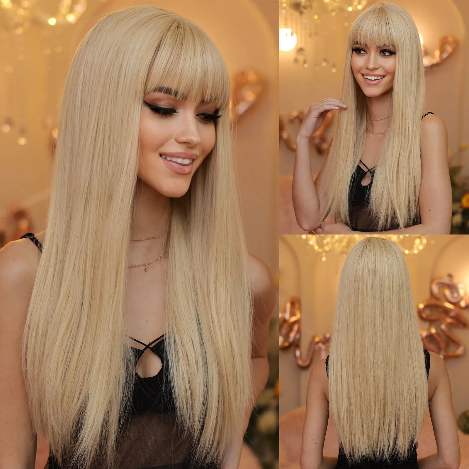 

Heat Resistant Light blonde Cosplay Party Wigs With Bangs Long Straight Soft