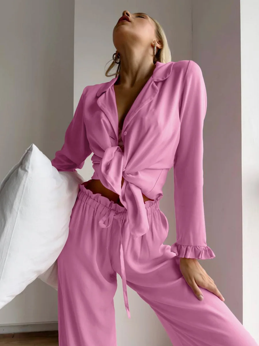 Blubelle-Conjunto de pijama con pantalones largos y manga larga para mujer, cárdigan de Color liso, informal, para casa, hoja de loto