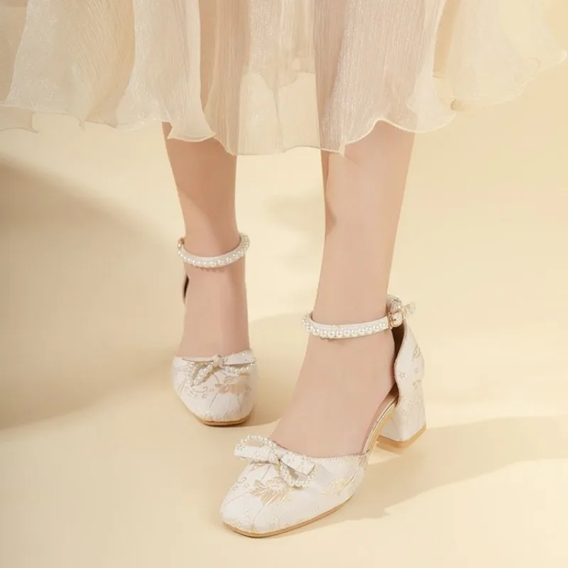 2024 Spring Women High Heels Mary Jane Pumps Party Wedding White Pink Beige String Bead Bow Princess Cosplay Lolita Shoes 36-40