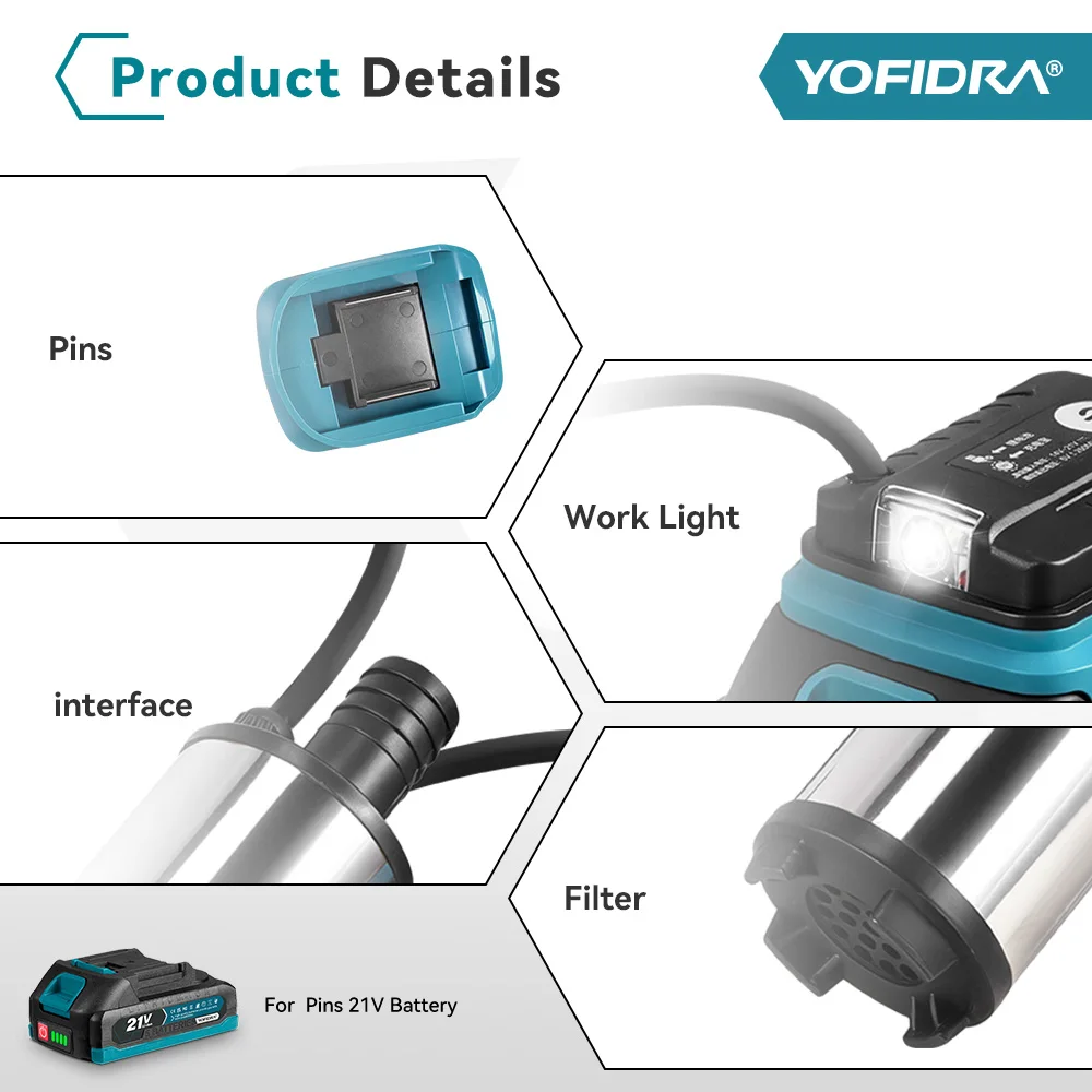 YOFIDRA 50–80 l/min elektrische Wasserpumpe, kabellose Tauch-Entwässerungspumpe, Abwasser-Behandlungswerkzeug für Makita 18 V Batterie-Pin – Detail 6