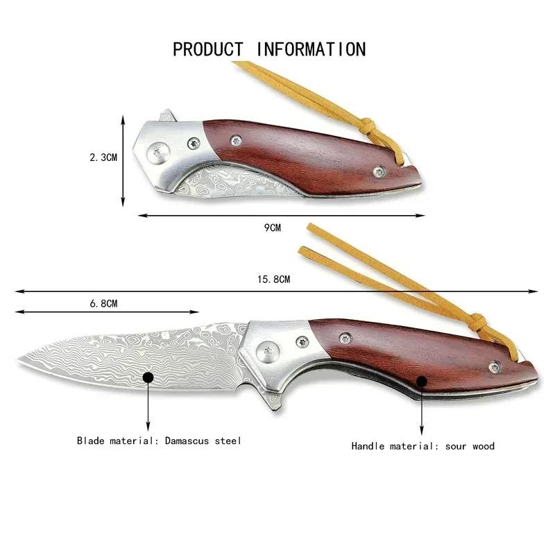 New VG10 Damascus Steel Japanese Kitchen Fruit Knife Camping Hunting Folding Survival Pocket Knife Tactical EDC Gear Wood Handle