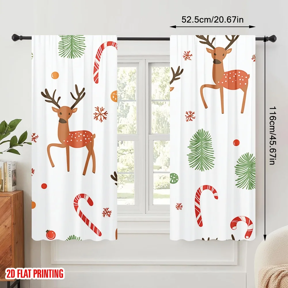 2pcs,2D plane printing Creative Curtains Deer Candy Cane Snowflake Holly (3) Polyester Fabric (without rod) Gifts Perfect for