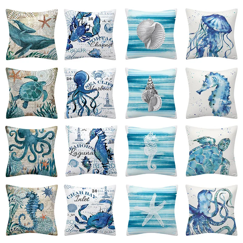 Funda de almohada decorativa de animales del océano, cojines de sofá de poliéster de 45x45, cojín de concha de tortuga marina