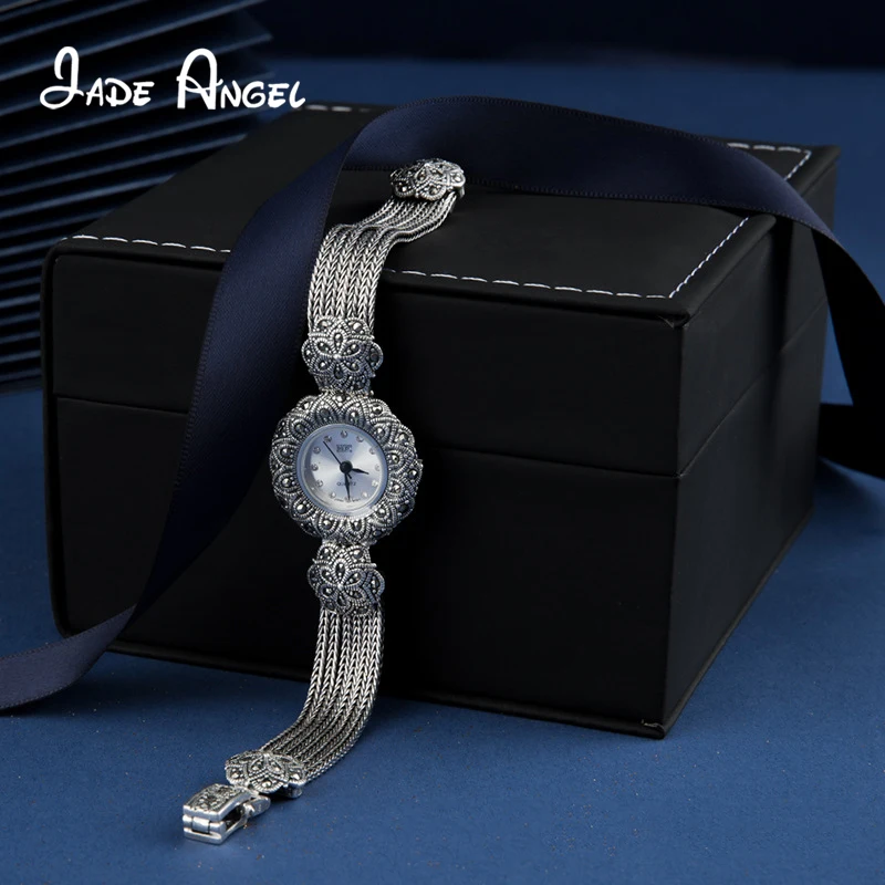 JADE ANGEL 925 Sterling Silver Sunflower Quartz Wristwatch Stylish Chic Ladies Marcasite Watch with Wheat Strand Fine Jewelry