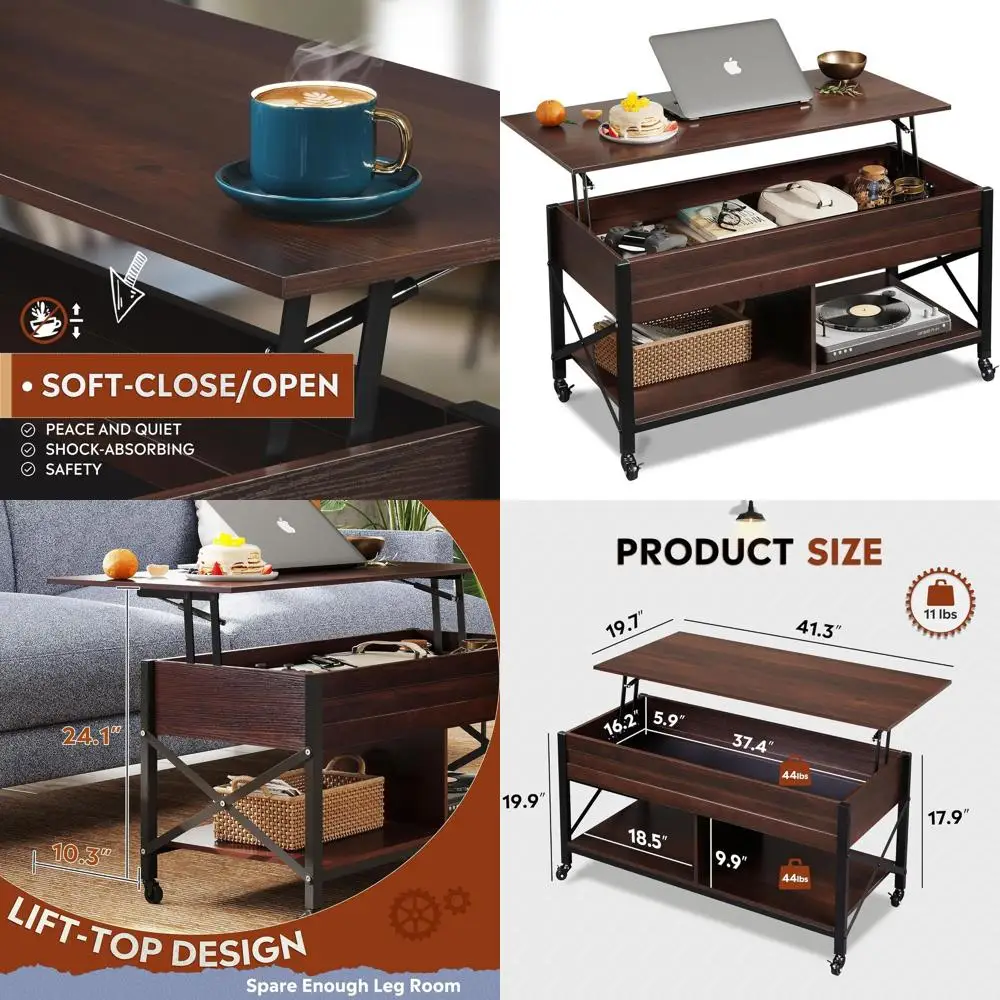 

Espresso Finish 41.3 Lift-Top Coffee Table with Wheels, Hidden Storage and Shelf for Living or Reception Spaces