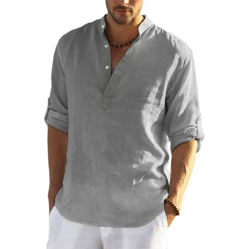 2022 New Men Casual V Neck Cotton Linen Shirt Tops