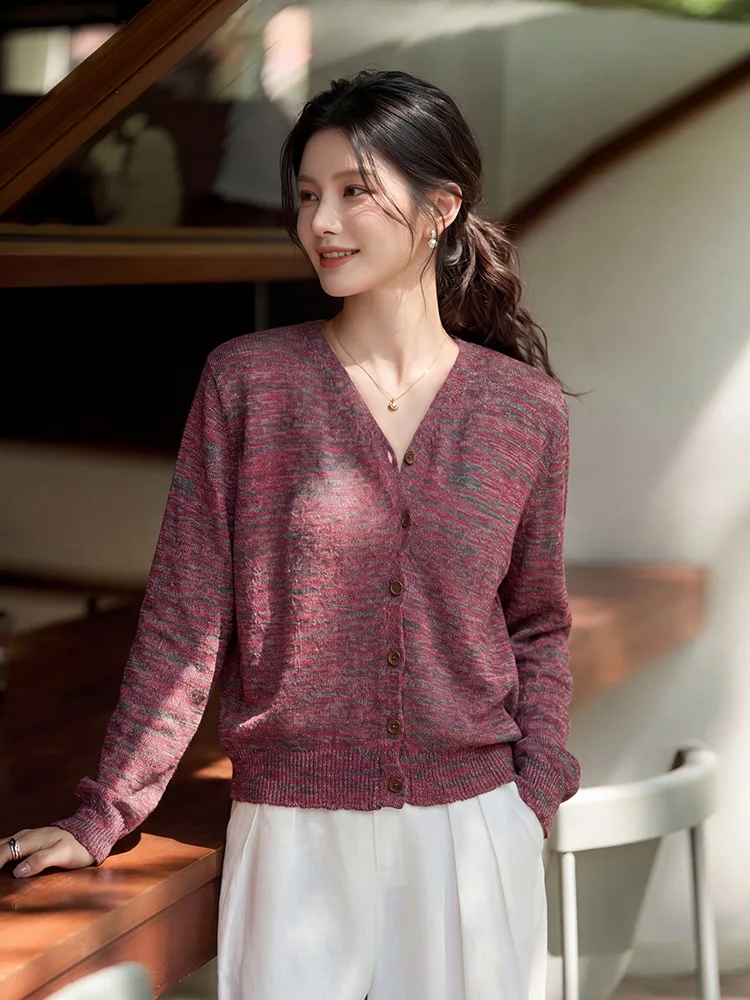 Fresh Green Marled Knit Cardigan For Women V‑neck Long Sleeve Ribbed Cuff Hem Lightweight Casual Elegant Autumn Outerwear Tops