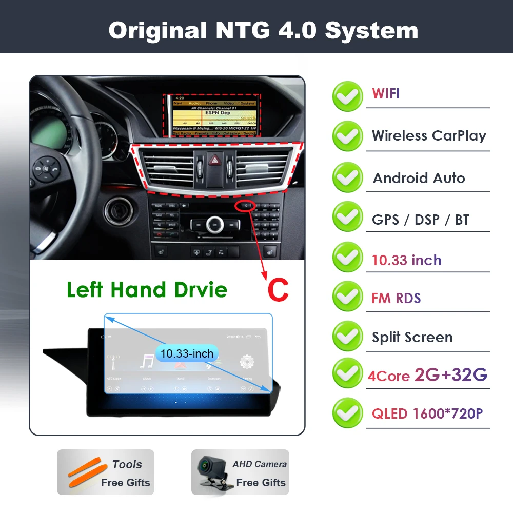Draadloze Carplay voor Mercedes Benz E-Klasse W212 2009-2015 Android 16 autoradio video DSP stereo GPS QLED touchscreen 4G WiFi BT