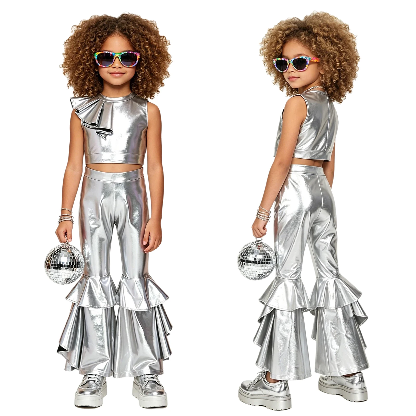 Kids Girls Disco Costume Jazz Dance Cheerleading Performance Outfit Metallic Shiny Back Zipper Crop Vest Top with Flared Pants
