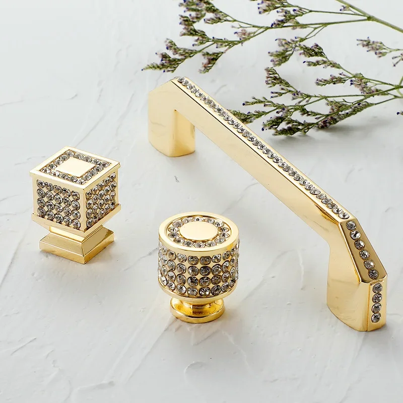 Modern Gold Diamond Inlaid Kitchen Cabinet Door Handle Luxury Crystal Wardrobe Drawer Knob Furniture Handle Home Decoration