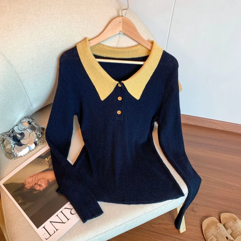 كلية نمط التباين اللون بولو طوق بأكمام طويلة البلوز أعلى الخريف الشتاء جديد الفرنسية ضئيلة زر سترة #2