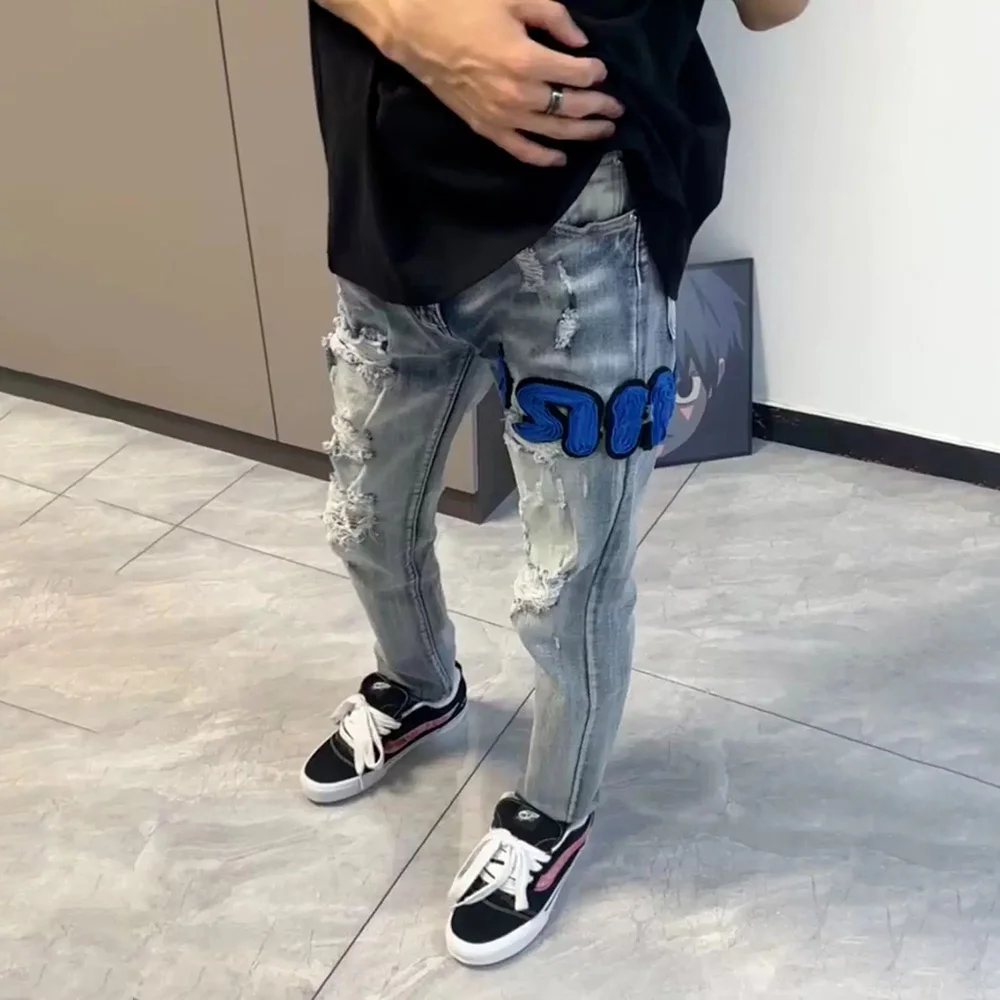 

Mens Jeans Letters Embroidered Holes Slim Fit Casual Pants Streetwear Fashion Youth Campus Couple Straight Pants Men'S Clothing
