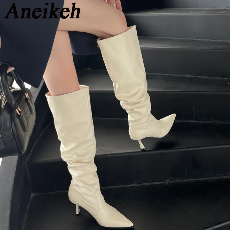 Aneikeh Concise Pleated Pointed Toe Leather Thigh High Heels Knee-High Long Boots Fashion Street Style Female Shoe Spring/Autumn