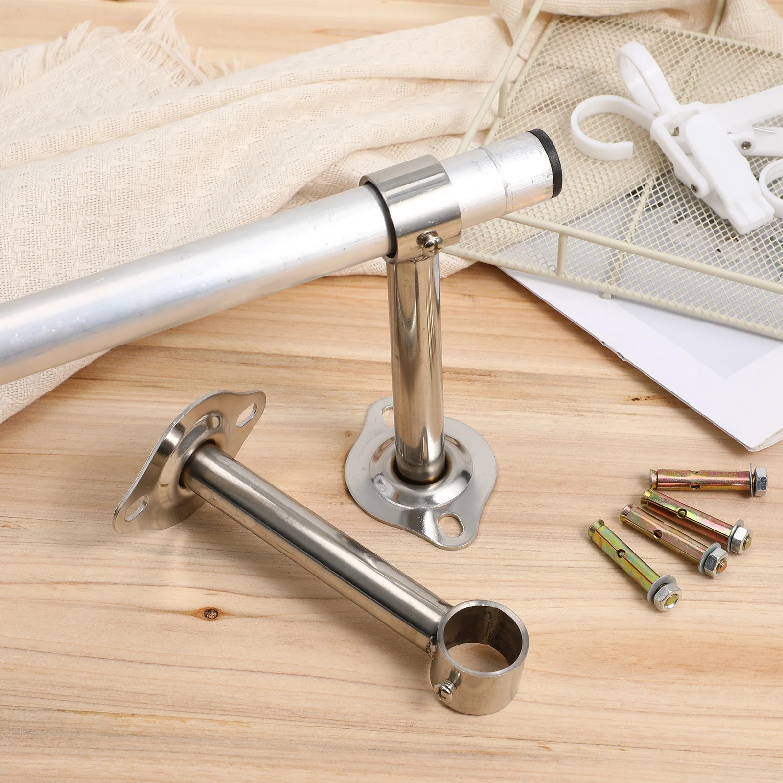 

2Pcs Thick Stainless Steel Rod Brackets Heavy Duty Closet Hanging Rod Mounting Hardware Round Wire Drawing Surface for Bathroom