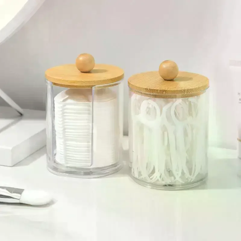 Cotton Swab Organizer With Bamboo Lids Clear Plastic Apothecary Jar For Vanity Makeup Storage