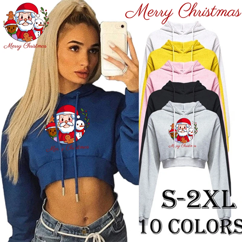 Fashion Womens Sexy Casual Long Sleeve Hooded Short Sweatshirt Merry Christmas Crop Tops Hooded Sweatshirt Cropped Hoodie