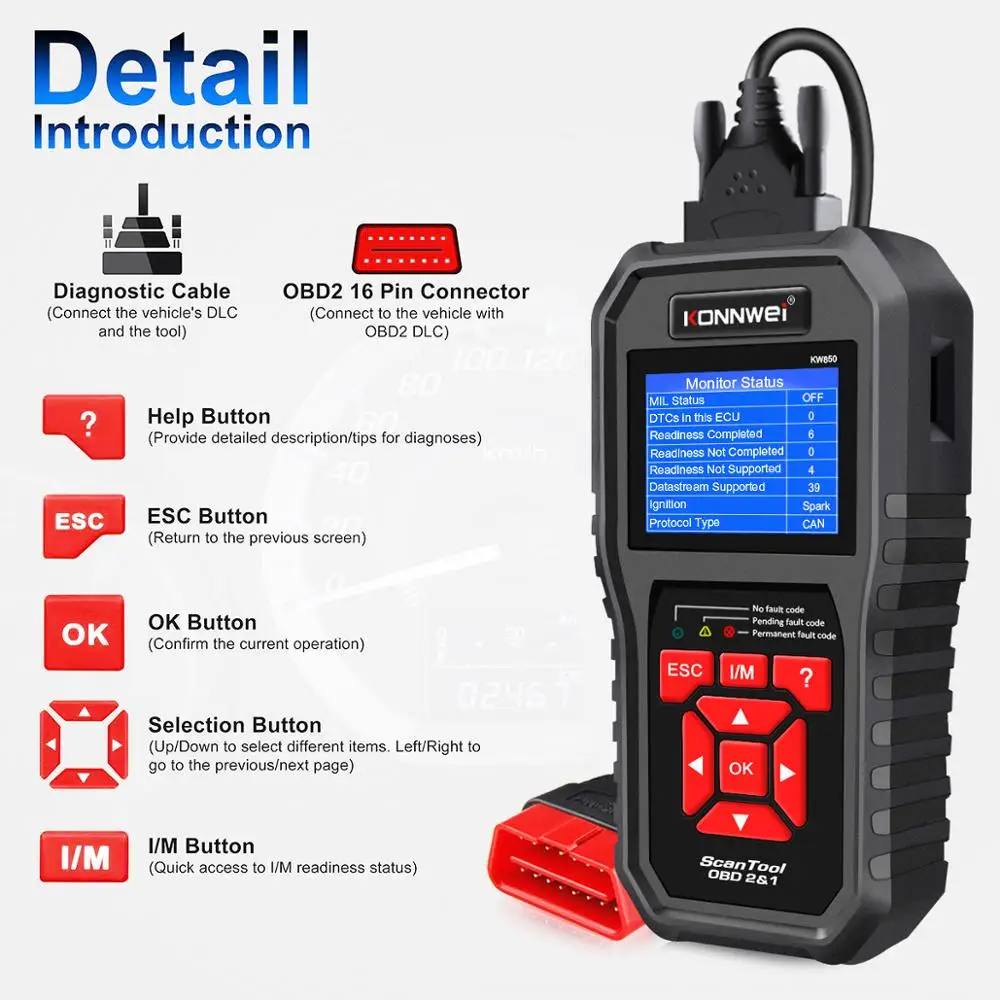 KONNWEI KW850 OBD2 Car Diagnostic Scanner Tools OBD 2 Auto Diagnostic Tool Check Engine Automotive Car Scanner Code Reader Black