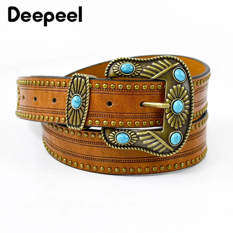 Deepeel 3.8*120cm Women's Vintage Leather Belt Cowboy Stone Buckle Belts for Women Embossed Decorative Wide Waistband with Jeans