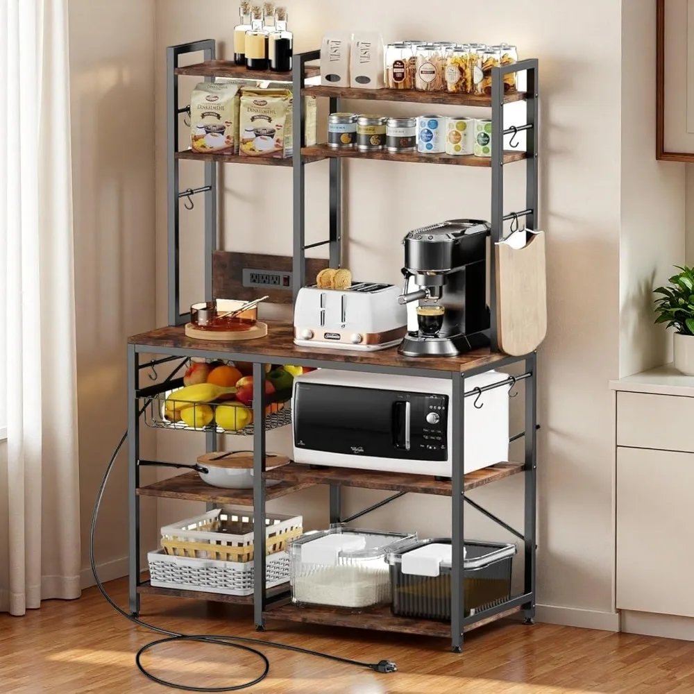 

Kitchen Bakers Rack with Power Outlet, 35.4 6-Tier Microwave Stand, Coffee Bar with 12 S-Shaped Hooks, Adjustable Fe