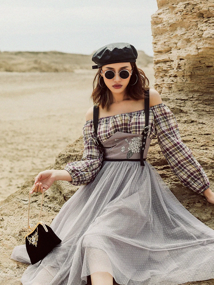 

Vintage Plaid One oulder Dr with Detachable Strap Me Overlay Spring Faion Women's Set Student orm Work Outfit