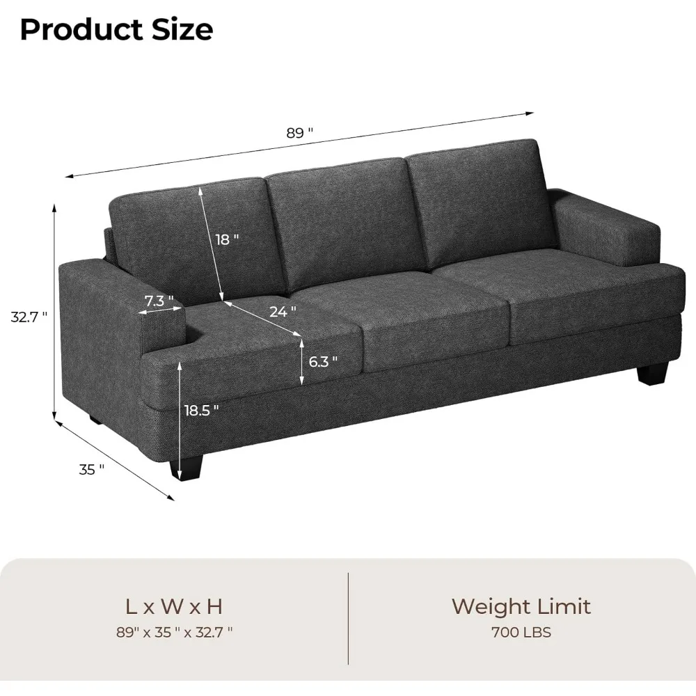 Modern Grey Loveseat 3-Seat Sofa Couches for Living Room Apartment Lounge Detachable Sofa Cover/Easy to Install Home Furniture