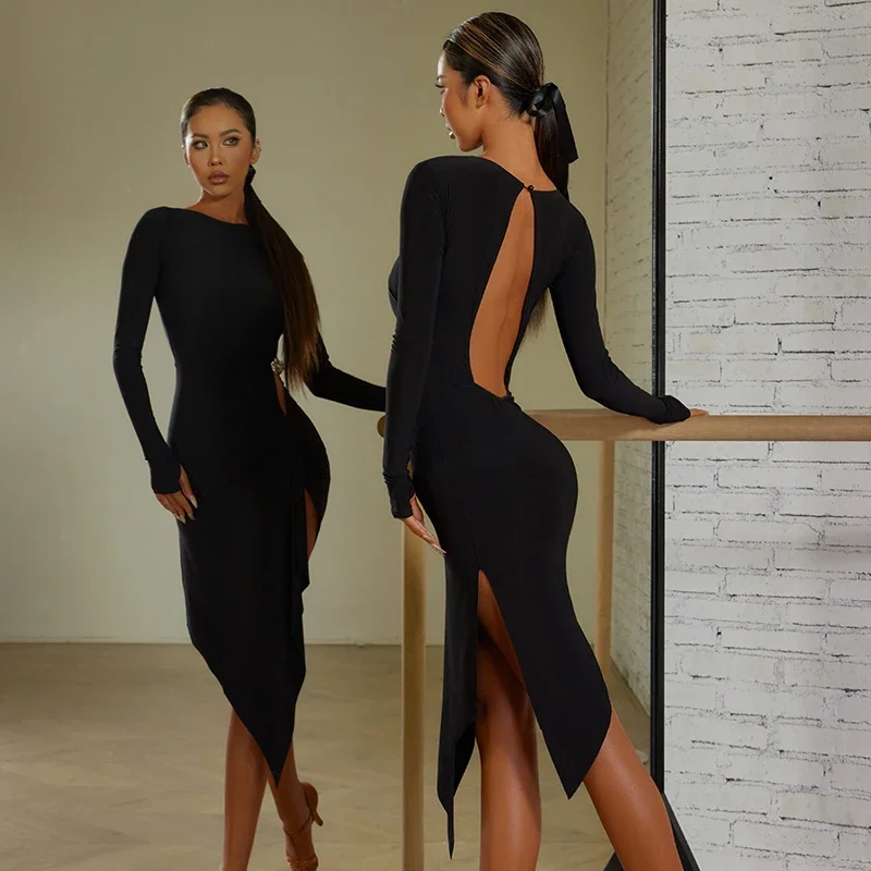 Women Black Long Sleeves Dress Adult Tango Dance Clothes Rumba Ballroom Dance Dress Practice Wear ZYM Latin Dance Dress