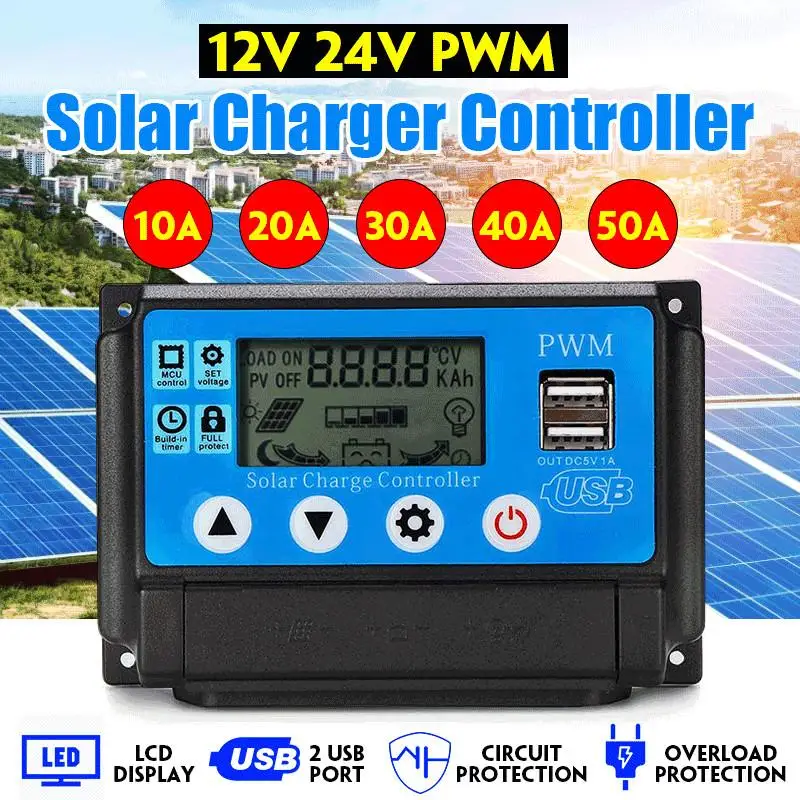 12V 24V 10/20/30/40/50A Auto Solar Cell Panel Solar Charge Controller Battery Charge Regulator Adapter Dual USB LCD Display