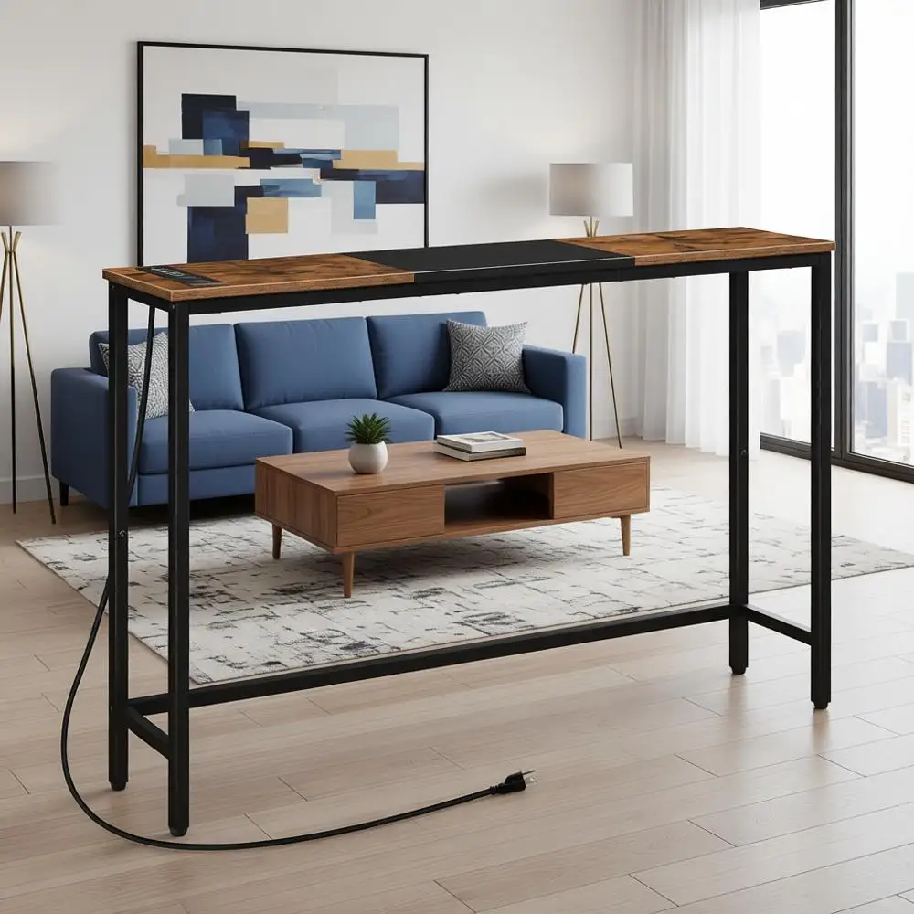 

Narrow Sofa Side Table with Power Outlets, 44.9 Entryway Display Shelf, Rustic Brown & Black
