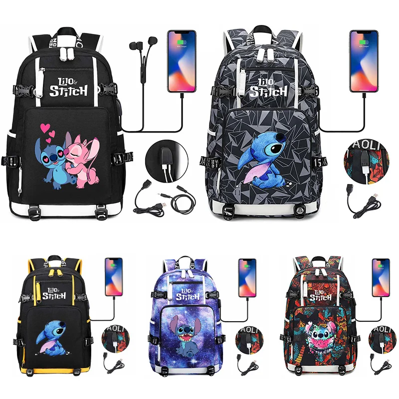 

Cute Disney Lilo Stitch Backpacks Girls Boys Schoolbag Large Capacity Laptop Bag Waterproof Multifunction USB Charging Backpack