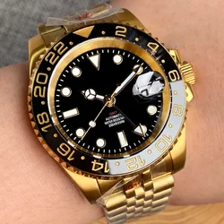 Tandorio Yellow Gold NH34 GMT Mechanical Men Watch 24 hours Gold Ceramic Insert 20bar Waterproof Luxury Diver Clock Rejor 40mm