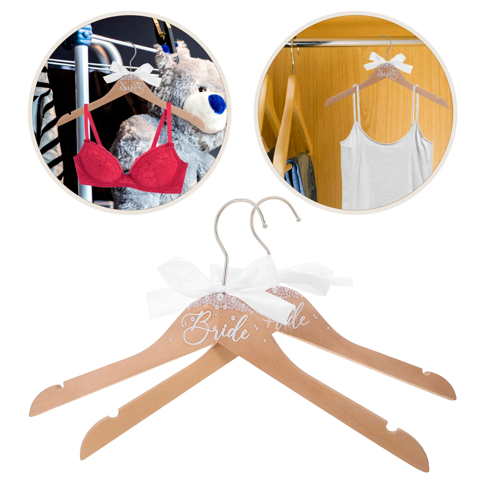 

2pcs Pearl Wedding Dress Hangers Elegant Bridal Clothes Hanger Set Secure Hook Wooden Coated Metal for Bridesmaid
