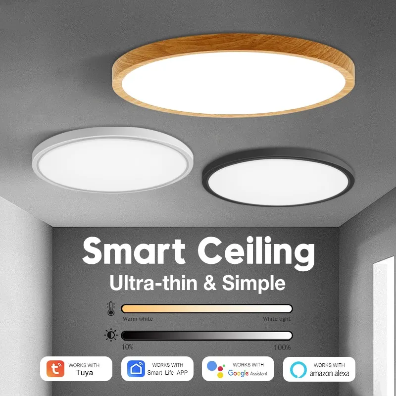 

Tuya Smart LED Ceiling Lamp Wood Grain App Voice Control Alexa/Google Remote Control Round Ceiling Lights Living Room Panel lamp