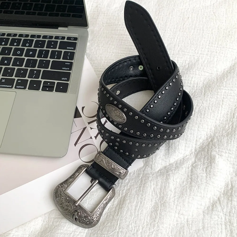 أزياء بارد برشام أسود حزام واسع قابل للتعديل بو خمر حزام النمط الأمريكي سبيكة القهوة Y2K حزام زوجين #3