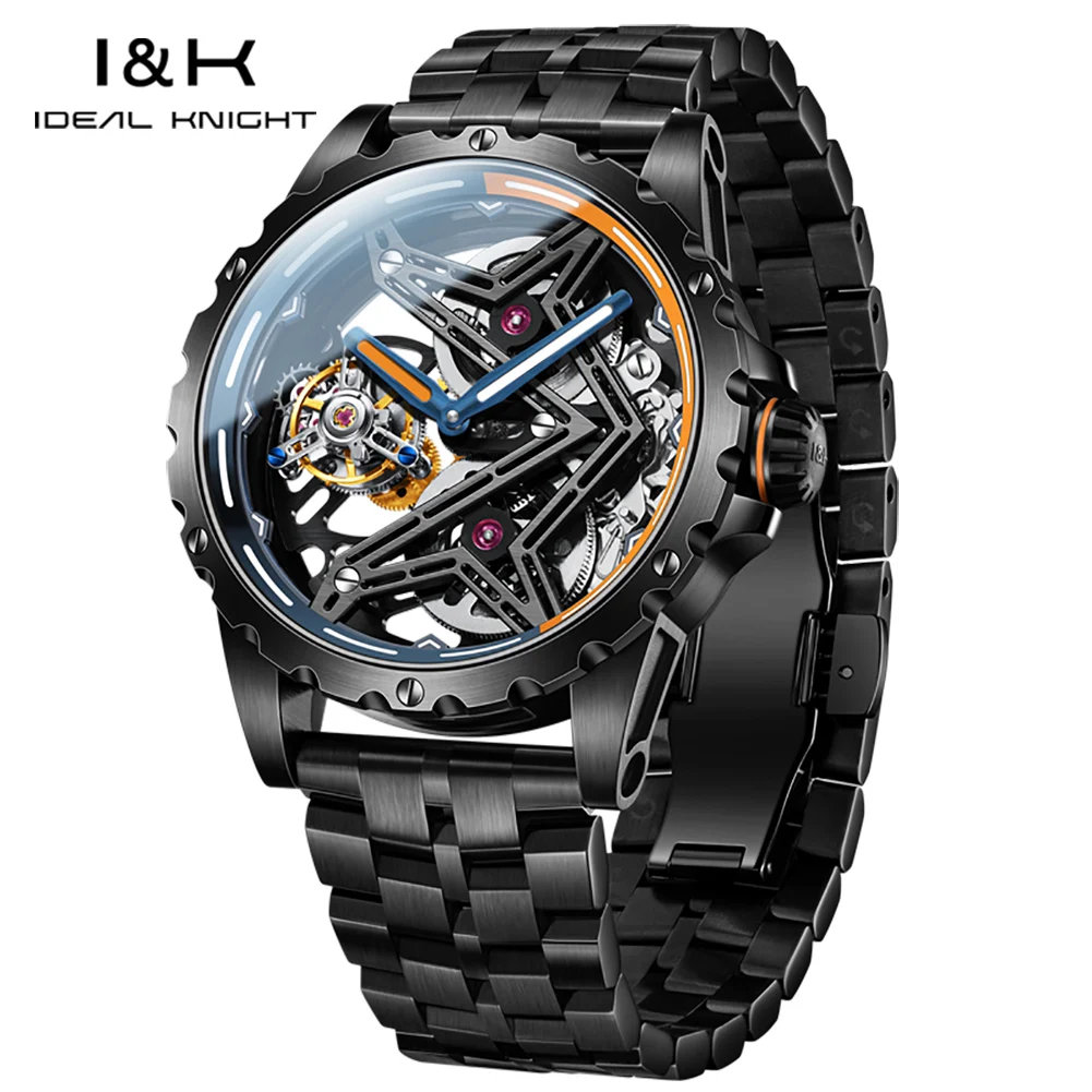

IDEAL KNIGHT TOP Brand Men Watch Tourbillon Great Wall Series Black Steel Luminous Fashion Automatic Mechanical Watch for Men