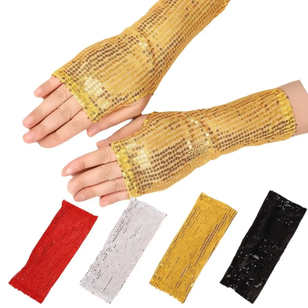 1Pair Fashion Gothic Shining Sequins Gloves Punk Black Gold Red Dancing Gloves Club Handwear for Women Men