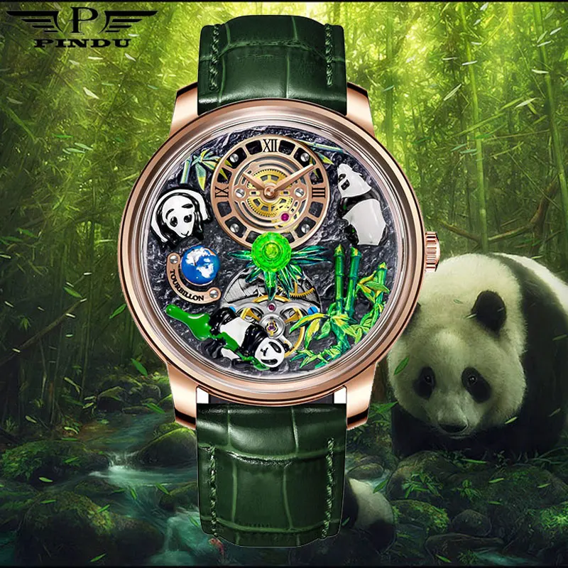 

PINDU 2025 New Panda Series National Treasure Symbol Men Mechanical Watch Rotating Crystal Ball 45.5MM Men Automatic Wristwatch