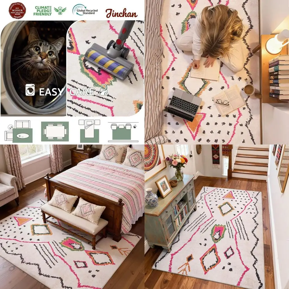 Beige Modern Boho 5x7 Rug - Geometric Design, Washable, Soft Low Pile, Non-Slip, Ideal for Living Room, Bedroom, Dining Area, an
