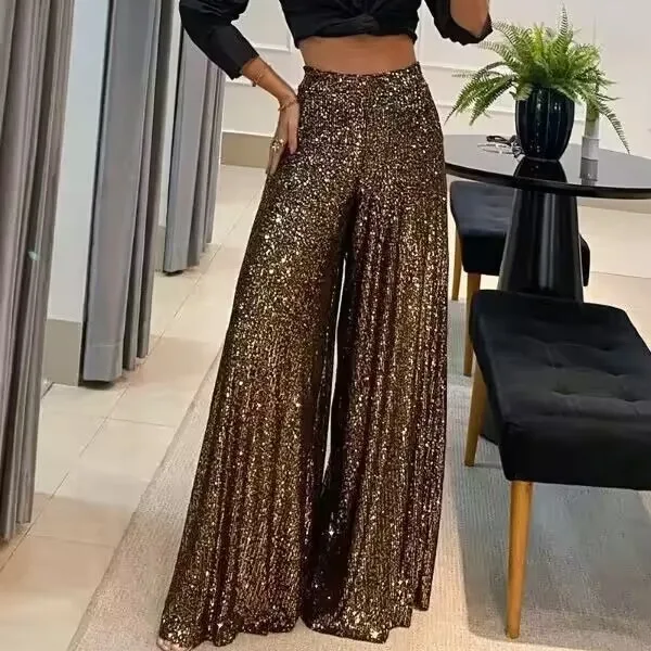 

Женские элегантные брюки с золотой нитью, широкие штанины, высокая талия, блестящие, для вечеринок и клубов, модные, для вечернего выхода
