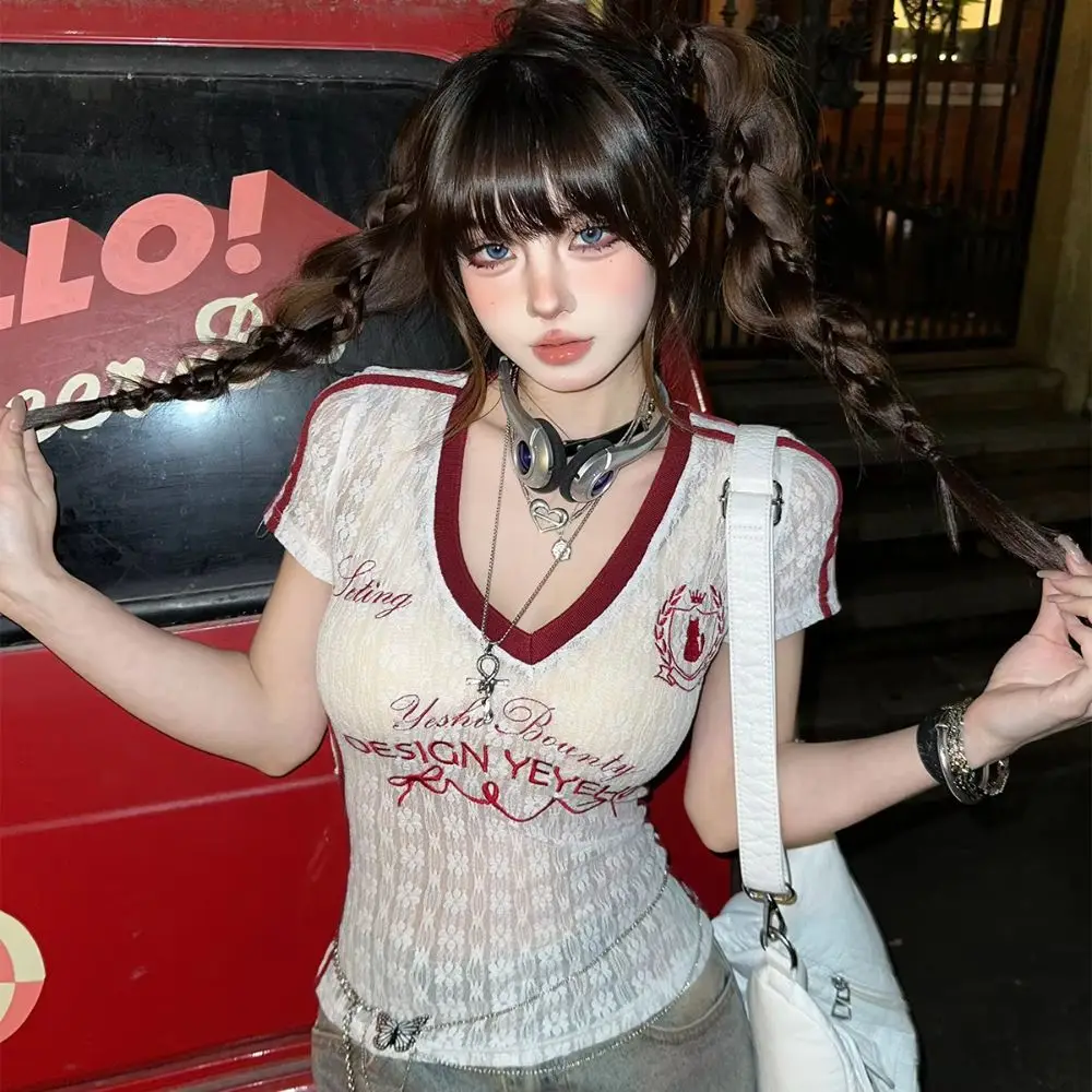 

Micro Transparent V-neck T-shirt Short Sleeved Lace Embroidery Lace Embroidery Top Letter Graphic Slim Fit Y2k Aesthetic Top