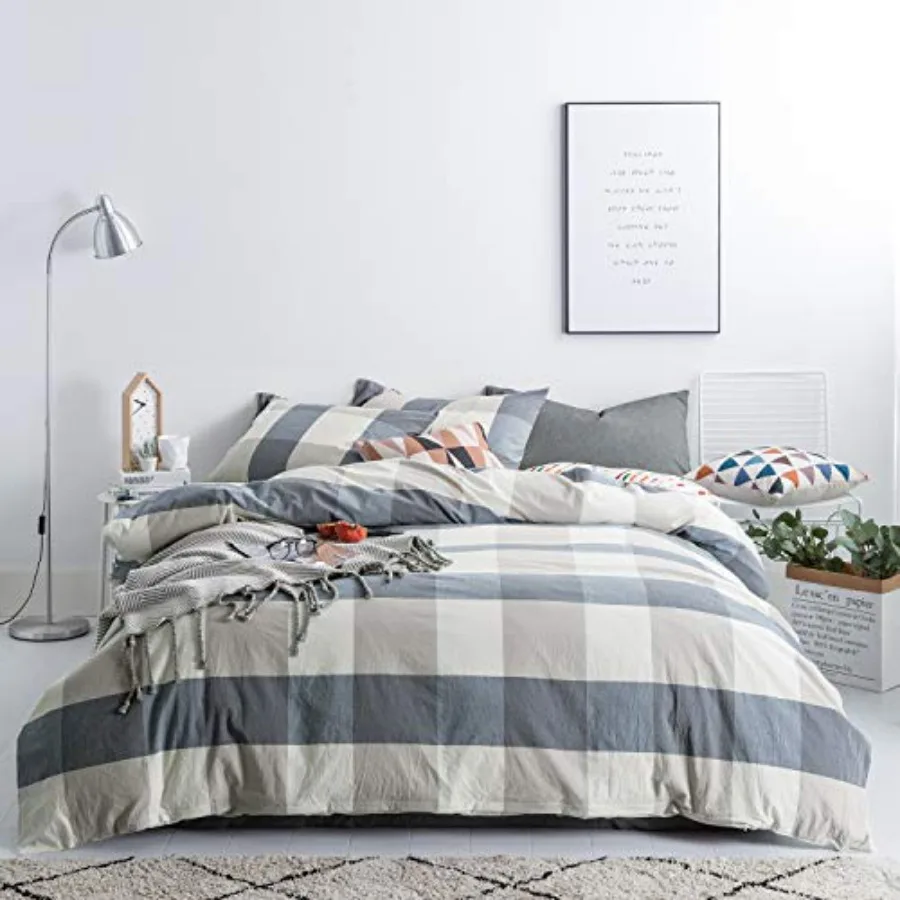 

Checkered Duvet Cover Size 100% Washed Cotton Plaid Duvet Cover Set 3 Pieces 1 Grid Duvet Cover with Zipper Ties 2 Pillow Cases