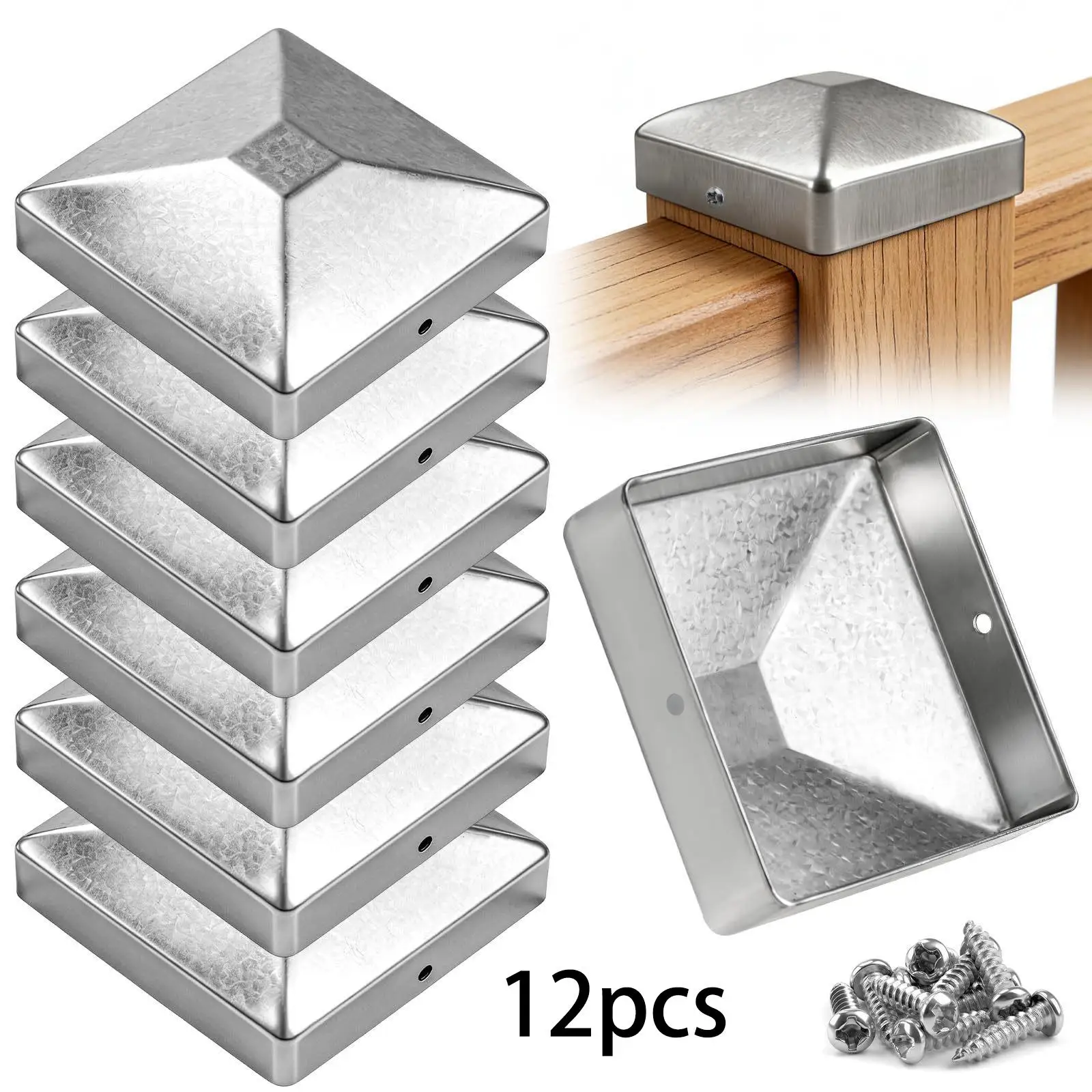 Silver Pyramid Fence Top Cap Zinc Steel Fits 7x7cm Wooden Posts Outdoor Deck Column Cover Prevents Damage