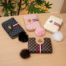 2023 trendy style retro ring print honey ribbon fur ball decoration multi card short change handbag women's bag