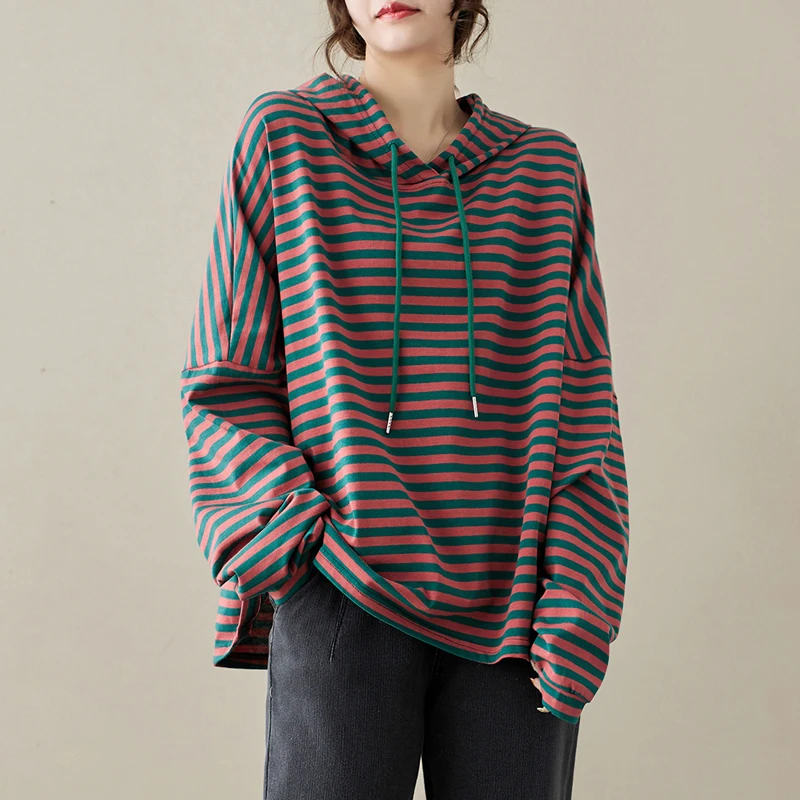 봄 가을 루즈 캐주얼 드로스트링 안티에이징 순면 후드티 여성 티셔츠 예술적 컬러풀 스트라이프 스웨트셔츠