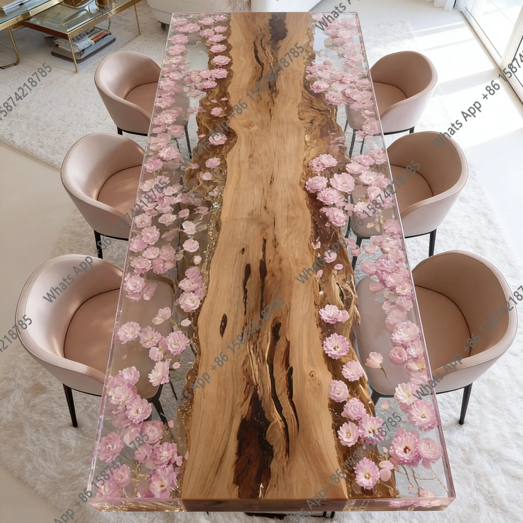

Rt High Transparency Crystal Resin Embedded In Cherry Blossom Solid Wood Dining Table Italian Light Luxury Large Flat-floor