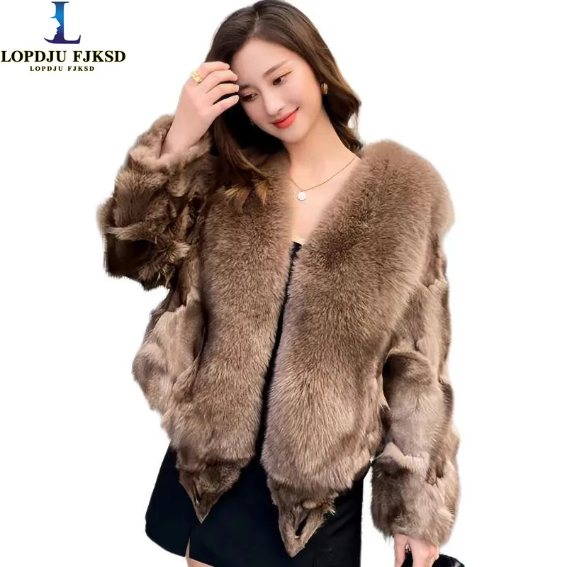 Real Fur Coats for Women, Fox Fur Collar, Long Jacket, Female Loose Jacket, Thicken Warm Clothes, High Quality, New, Winter