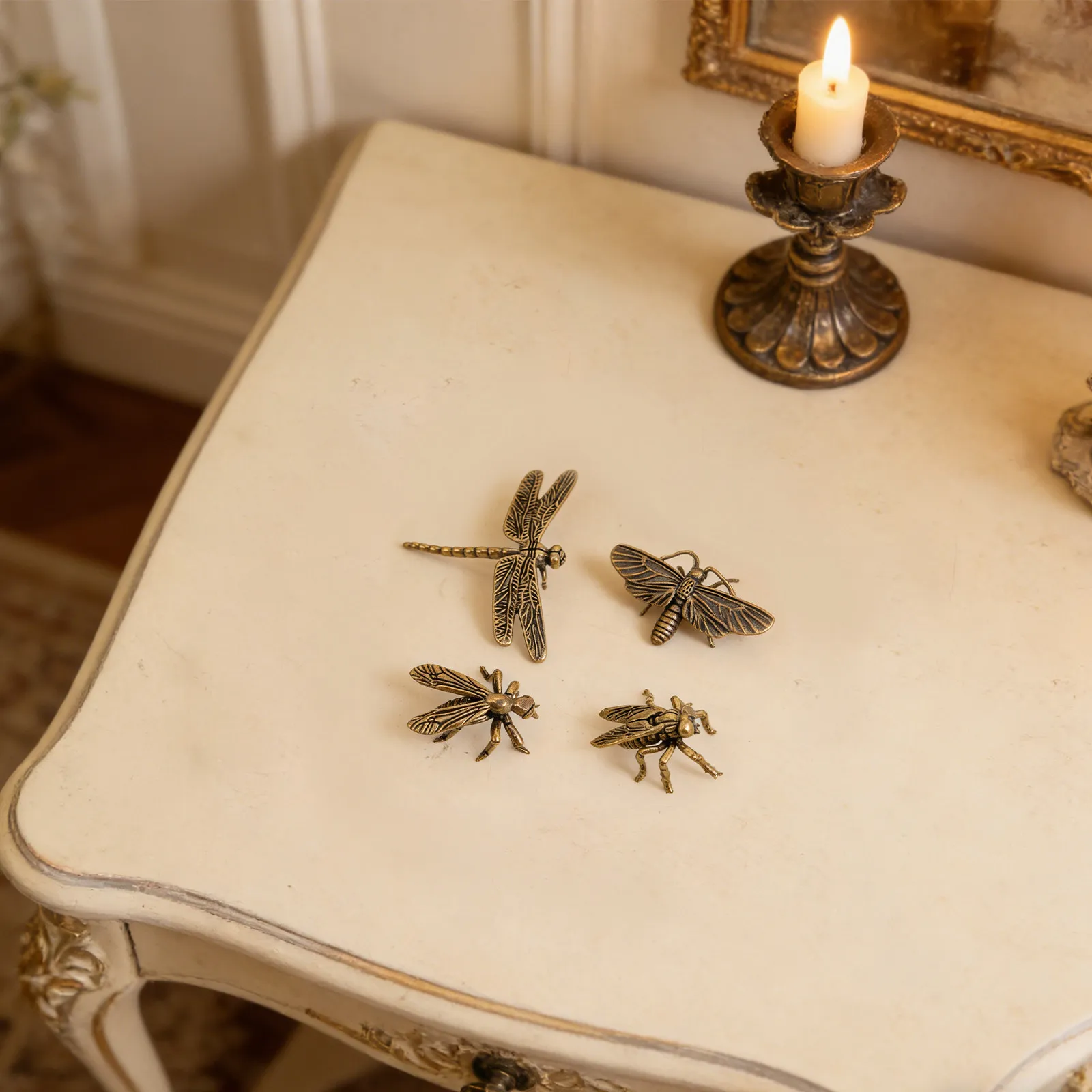4Pcs Brass Insect Art Miniature Mosquito Fly Dragonfly Retro Vintage Animal Sculpture Feng Shui Office Desk Tabletop Display