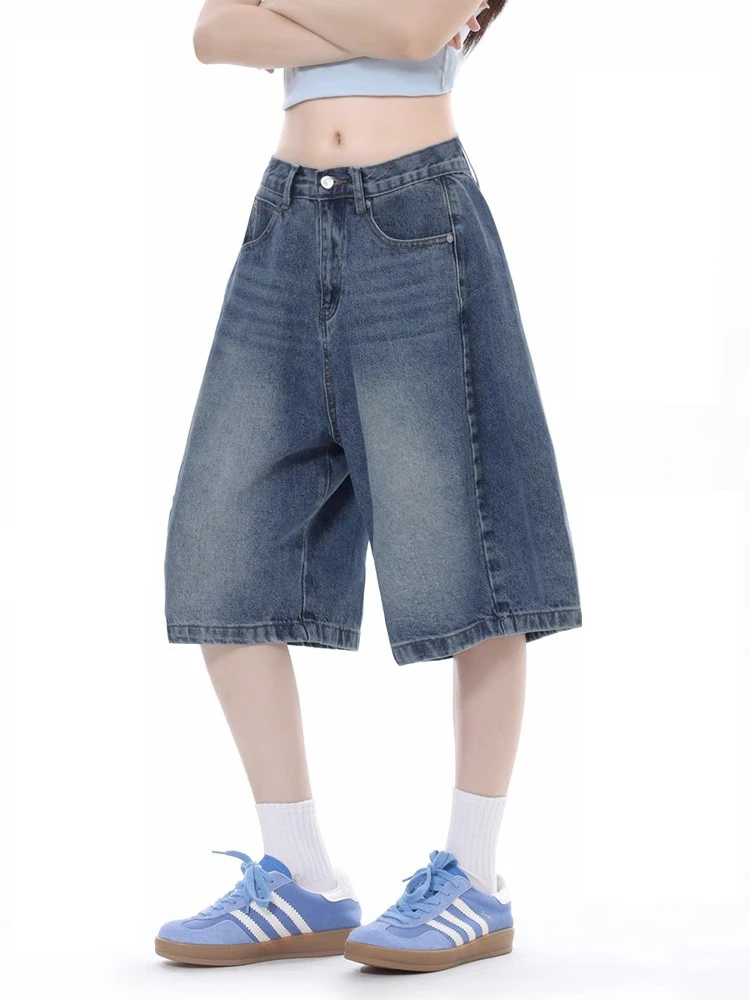 

Американские ретро-джинсы золотистого цвета, унисекс, летние, свободные, широкие штанины, средней длины, повседневные брюки-пятиштанины, молодежный стиль