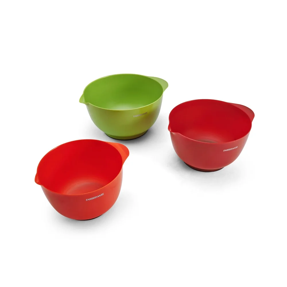 Set 3 Mangkuk Pencampur Plastik dengan Alas Anti Selip Cerat Tuang Mesin Pencuci Piring Desain Bersarang Aman Penyimpanan Mudah