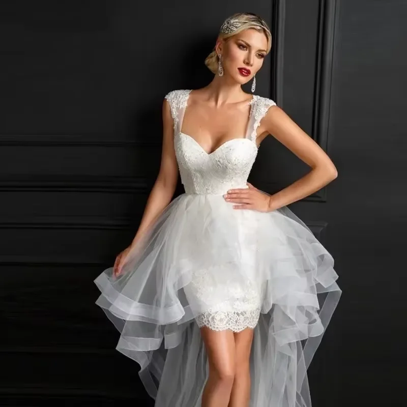 

Customized Short Princess Bride Wedding Dress Sweetheart Ruffle Lace Chiffon Wedding Dress Irregular Formal Ball Party Dress