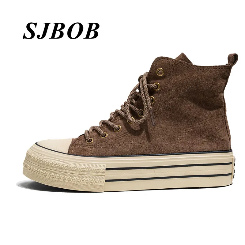 

Vintage High Top Canvas Shoes Man Espadrilles Brown Suede Platform Sneaker Male Comfy Breathable Skate Shoes Men Vulcanize Shoes